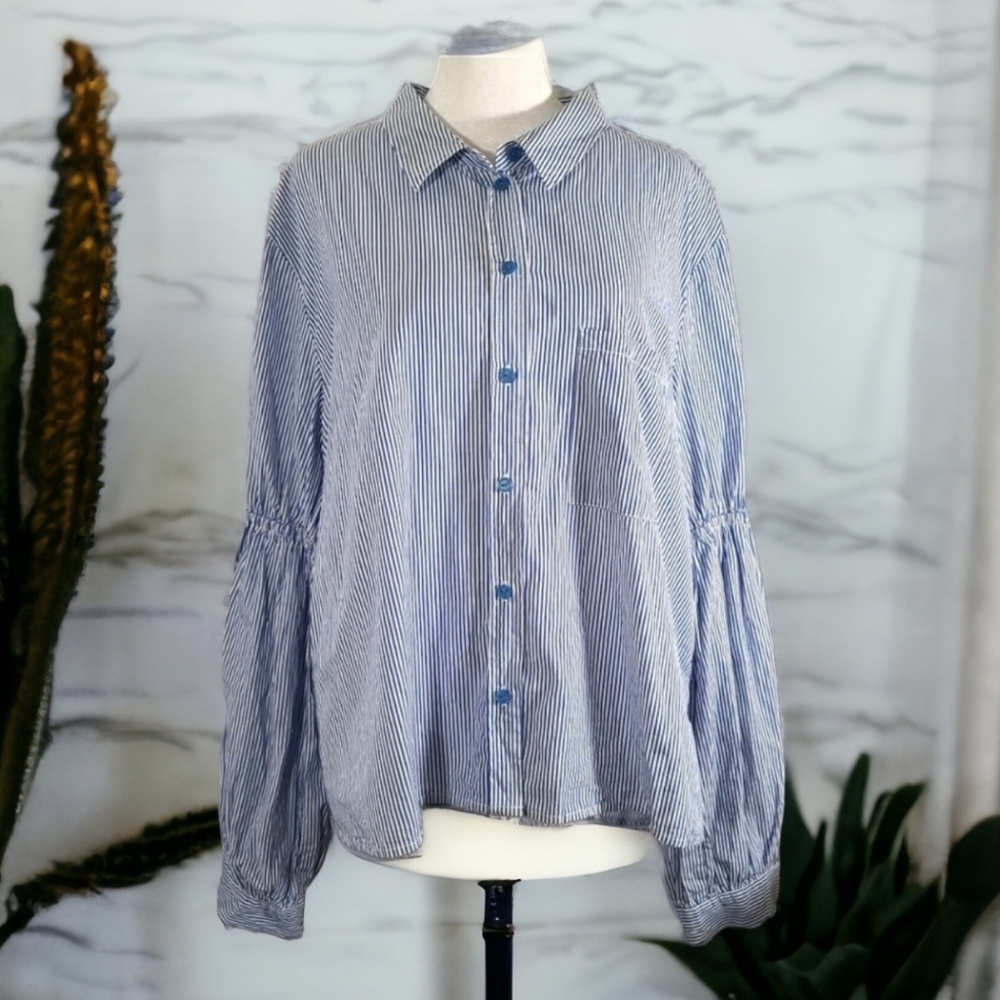 Sanctuary Women's Blue Pin Striped Long Sleeve Botton Down Blouse Size XL